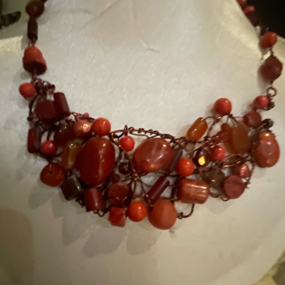 Copper wired Carnelian, jasper red, beaded necklace and color matching bracelet